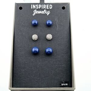 3 Pair Stud Earrings Gift Set Blue & Silver Crystal Sparkle Simple Posts Minimal